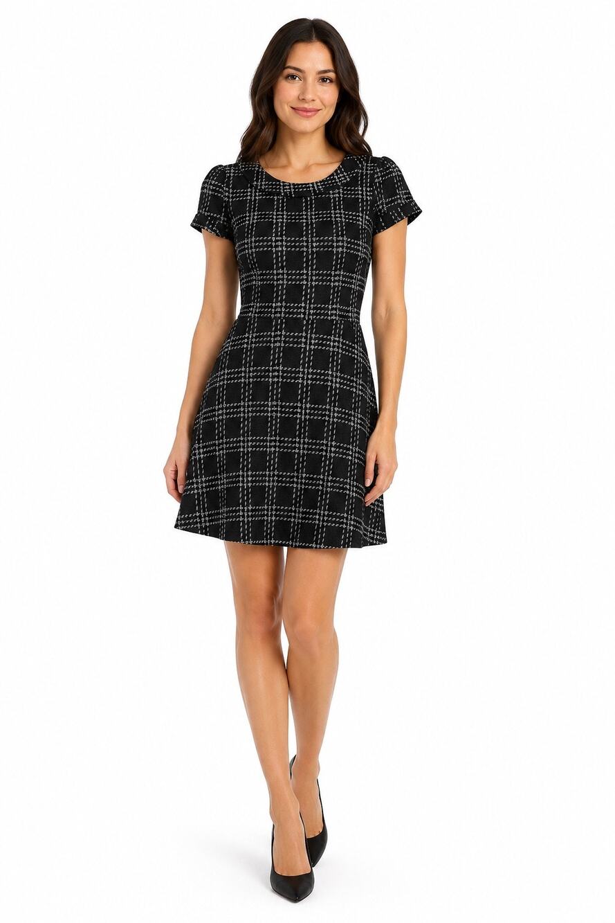 Lucy & Laurel Black Plaid Fit & Flare Dress Size 4 Short Sleeve
